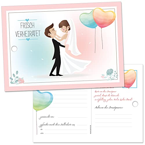 beriluDesign Ballonflugkarten zur Hochzeit - 50 Stück – gelochte, leichte Ballonkarten mit Brautpaar-Motiv für Luftballons von beriluDesign