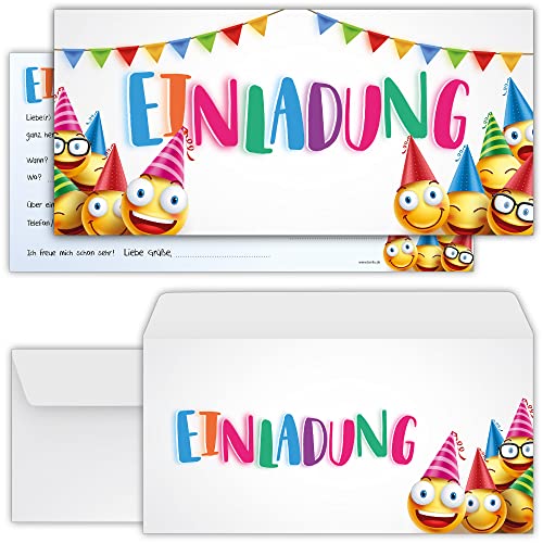 beriluDesign Smiley Einladungskarten mit Umschlägen – 12er Set zum Kindergeburtstag für mit Party Emoji Motiv von beriluDesign