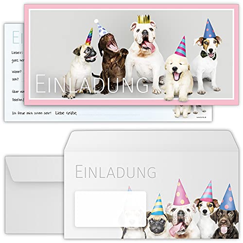 beriluDesign Hunde Einladungskarten mit Umschlägen – 12er Set zum Kindergeburtstag oder Party-Einladungen für Erwachsene von beriluDesign
