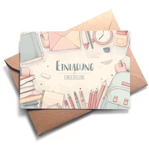 beriluDesign Einschulung Einladungskarten mit Umschlägen (12er Set) zum Schulanfang | Einladungen für Kinder zum Schulbeginn (12 Karten + 12 Umschläge) von beriluDesign