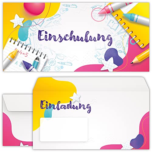 beriluDesign Einschulung Einladungskarten mit Umschlägen (12er Set) zum Schulanfang | Einladungen für Kinder zum Schulbeginn von beriluDesign