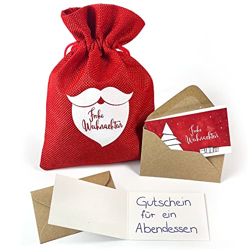 beriluDesign Gutschein-Säckchen mit 12 Klappkarten zum Beschreiben und 12 Briefumschlägen aus Kraftpapier für Weihnachten von beriluDesign