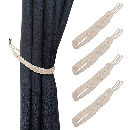 besbomig 4 Stück Vorhang Raffhalter, Baumwolle Gardinenhalter, Vorhang Haken Clip, Boho Türkordel Gardinenband, Dekorative Vorhang Gardinenraffer Zugband Rope für Schlafzimmer Büro, Beige von besbomig