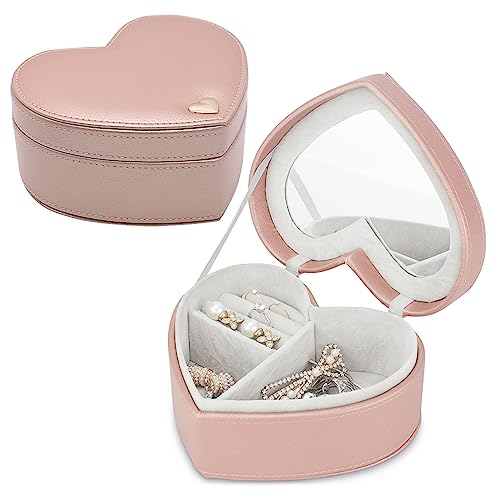 besharppin Schmuckschatulle für Mädchen, Herzform, tragbarer Schmuck-Organizer mit Spiegel für Ohrringe, Ringe, Halsketten (Champagnerrosa) von besharppin