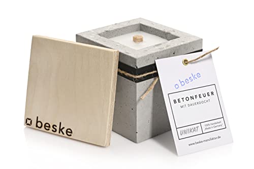 Betonfeuer® - Das Original der Beske-Manufaktur | Modell 'Pico' | 10x10x10cm mit Dauerdocht | Wiederbefüllbare Fackel | Unendliche Brenndauer | Recycling von Kerzenwachs | Tischfeuer Fackel von beske