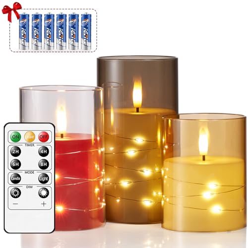 LED Kerzen Flammenlose im Glas, Kerzen mit Timer, Elektrische Kerzen mit Fernbedienung, Kerzen mit Beweglicher Flamme, Realistisches Flackernd Timerfunktion Batteriebetrieben, Set von 3 (Gemischtev) von bestyks