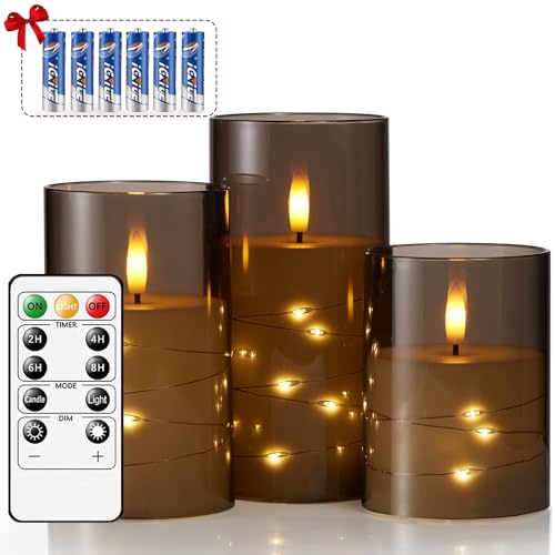 LED Kerzen Flammenlose im Glas, Kerzen mit Timer, Elektrische Kerzen mit Fernbedienung, Kerzen mit Beweglicher Flamme, Realistisches Flackernd Timerfunktion Batteriebetrieben, Set von 3 (Grau) von bestyks