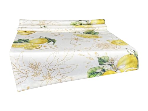 Tischläufer Zitrone ca. 40x220 cm – beties Italy Collection 100 % Baumwolle – Premium Qualität – Hellbeige mit lebensgroßen Zitronen und zart goldenen Details von beties