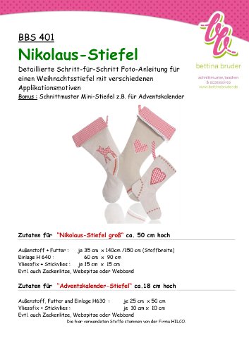 BBS 401 Schnittmuster für Nikolaus-Stiefel - mit Fotoanleitung bettinabruder® von bettina bruder