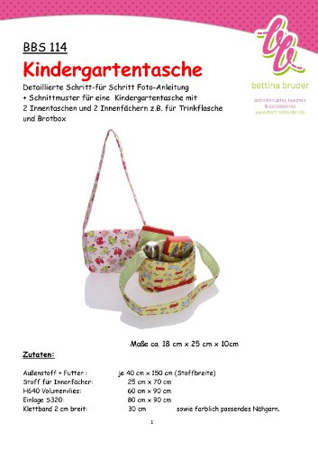 bettina bruder BBS 114 Schnittmuster KINDERGARTENTASCHE mit Fotoanleitung bettina bruder BBS 114 Schnittmuster KINDERGARTENTASCHE mit Fotoanleitung von bettina bruder
