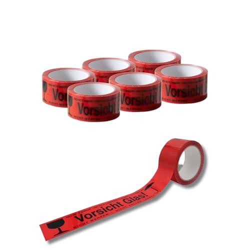 Vorsicht Glas Klebeband Zerbrechlich 48mm x 66m Rot (6 Rollen) – Extra Starkes Mehrsprachiges Verpackungsband – Leises Rollenset für Glas, Karton, Paket & Koffer – UV-Beständig & Reißfestes Packband von bhb