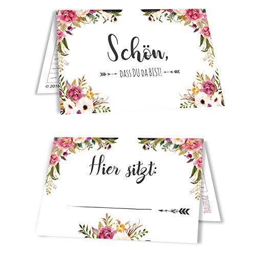 50 Tischkarten Hochzeit Sitzplatzkarten Platzkarten Namensschilder Namenskarten 50er Set Bohemian Hippi Blumenmuster Boho Dream von bigdaygraphix