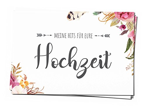 bigdaygraphix 50 Musikwunschkarten A7 Musikwunsch Hochzeit Hochzeitsfeier DJ Karte 50er Set Boho Dream 10,5 x 7,4 cm Blumen Vintage von bigdaygraphix