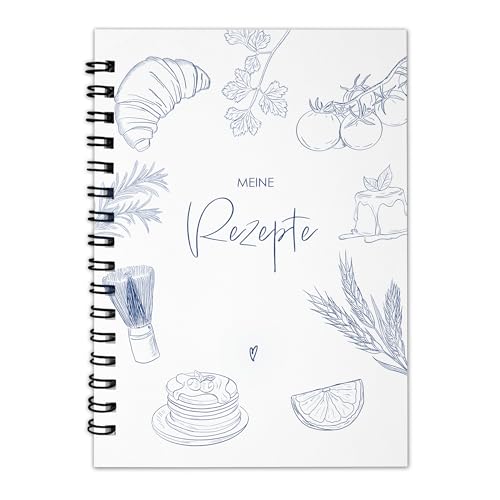 bigdaygraphix Rezeptbuch zum Selberschreiben & Ausfüllen - Ringbuch DIN 4 + Spiralbindung - Backbuch Kochbuch weiß, blau geschenkidee Rezeptbuch Lieblingsrezepte (DIN A4) von bigdaygraphix