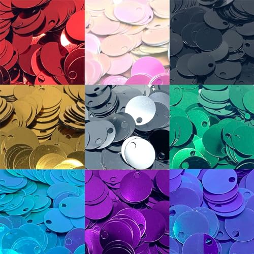 Flache runde Pailletten, 20 mm, 2565 Stück, 20 mm, Loch 4 mm, gemischte Farben, Acryl-Pailletten – 450 g (9 verschiedene Farben) von bihızlı