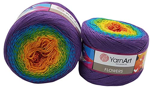 YarnArt Flowers 500 Gramm Bobbel Wolle Farbverlauf, 55% Baumwolle, Bobble Strickwolle Mehrfarbig (lila türkis gelb rot 277) von binoa