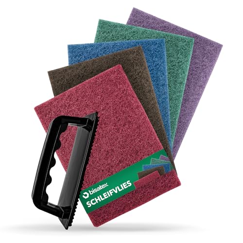 BISATEX® Schleifvlies 5er Set verschiedene Körnungen P100-800 - Langlebige & zuschneidabre Schleifpads in 155 x 210 mm (5er Ser Schleifvlies + Halterung) von bisatex