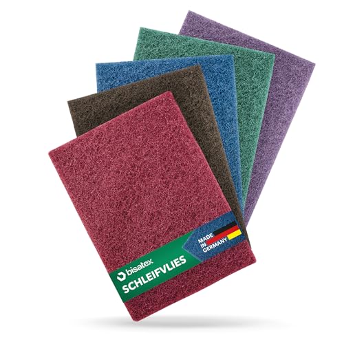 BISATEX® Schleifvlies 5er Set verschiedene Körnungen P100-800 - Langlebige & zuschneidabre Schleifpads in 155 x 210 mm - Vlies zum Abschleifen von Holz, Metall & Kunststoff - 100% Made in Germany von bisatex