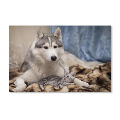 blobo DIY 5D Diamond Painting Kits,Sibirischer Husky-Hund und Kätzchen,Kits Für Kinder Kunsthandwerk Wanddekoration Rundbohrer（30x40cm）-D55 von blobo