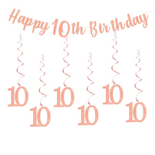 Party-Dekorationen zum 10. Geburtstag, Mädchen, mit Wimpelkette "Happy 10th Birthday", Banner zum Aufhängen, Wirbel, Luftschlangen für Mädchen, Kinder, 10 Jahre alt, Geburtstag, Jahrestag, von bng-bng