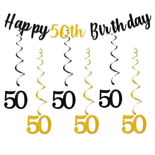 Party-Dekorationen zum 50. Geburtstag, für Männer und Frauen, Happy 50th Bunting Banner, hängende Wirbel, Luftschlangen für Damen und Herren, 50. Jahrestag, Party-Dekoration, Zubehör, Schwarz / Gold von bng-bng