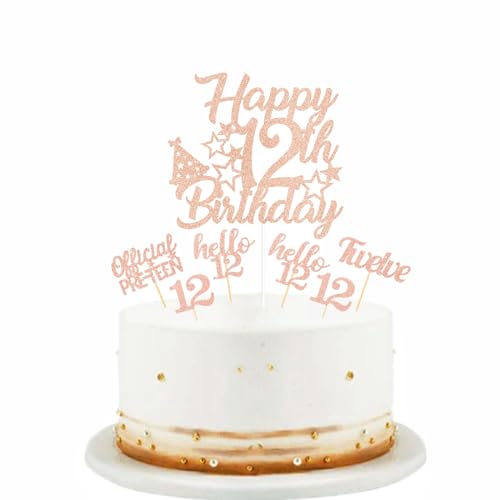 Tortenaufsatz zum 12. Geburtstag, Roségold, offizielle glitzernde Kuchendekoration zum 12. Geburtstag, Cupcake-Topper für Jungen und Mädchen, Teenager, 12. Geburtstag, Partyzubehör von bng-bng