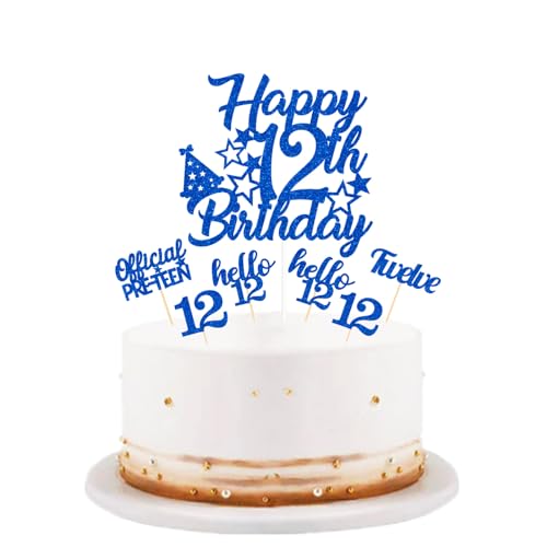 Tortenaufsatz zum 12. Geburtstag, blau, offizielles Produkt, glitzernd, "Happy 12th Birthday", Cupcake-Topper für Jungen und Mädchen, Teenager, 12. Geburtstag, Partyzubehör von bng-bng