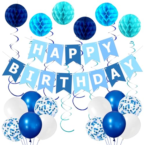 bng-bng Blaue Geburtstagsparty-Dekorationen, Happy Birthday-Banner mit Wabenbällen, hängende Wirbel-Luftschlangen, Luftballons, Geburtstagsparty-Dekorationen für Männer, Jungen, Frauen bng-bng Blaue Geburtstagsparty-Dekorationen, Happy Birthday-Banner mit Wabenbällen, hängende Wirbel-Luftschlangen, Luftballons, Geburtstagsparty-Dekorationen für Männer, Jungen, Frauen von bng-bng