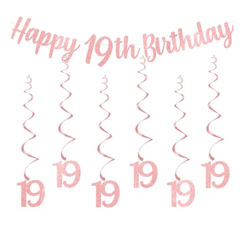 bng-bng Party-Dekorationen für Mädchen zum 19. Geburtstag, Roségold, mit "Happy 19th Birthday", Wimpelkette, hängende Wirbel, Luftschlangen, 19 Banner für Mädchen, Frauen, Erwachsene, 19 Jahre, von bng-bng