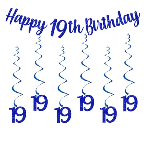 bng-bng Party-Dekorationen zum 19. Geburtstag, blau, mit "Happy 19th Birthday", Wimpelkette, hängende Wirbel, Luftschlangen, 19 Banner für Jungen, Männer, Erwachsene, 19 Jahre, Geburtstag, Jahrestag, von bng-bng