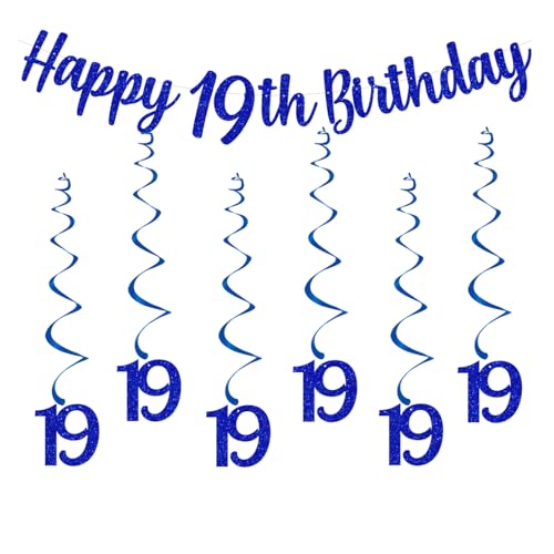 bng-bng Party-Dekorationen zum 19. Geburtstag, blau, mit "Happy 19th Birthday", Wimpelkette, hängende Wirbel, Luftschlangen, 19 Banner für Jungen, Männer, Erwachsene, 19 Jahre, Geburtstag, Jahrestag, bng-bng Party-Dekorationen zum 19. Geburtstag, blau, mit "Happy 19th Birthday", Wimpelkette, hängende Wirbel, Luftschlangen, 19 Banner für Jungen, Männer, Erwachsene, 19 Jahre, Geburtstag, Jahrestag, von bng-bng