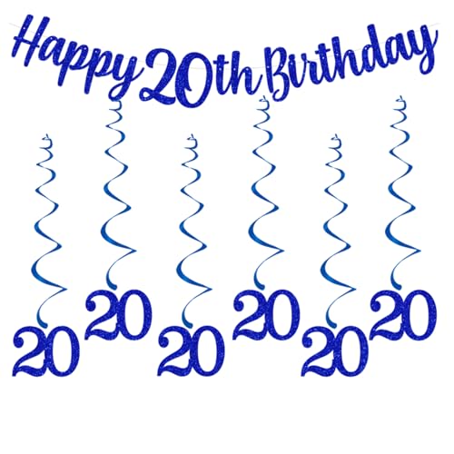bng-bng Party-Dekorationen zum 20. Geburtstag, Jungen, blau, mit Wimpelkette zum 20. Geburtstag, Banner zum Aufhängen, Wirbel, Luftschlangen für Jungen, Männer, Erwachsene, 20. Geburtstag, Jahrestag, von bng-bng