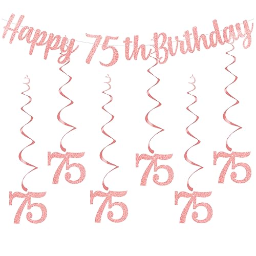 bng-bng Party-Dekorationen zum 75. Geburtstag, Roségold mit "Happy 75th Birthday", Wimpelkette, hängende Wirbel, Luftschlangen für Frauen, 75. Geburtstag, Jahrestag, Party-Dekorzubehör von bng-bng