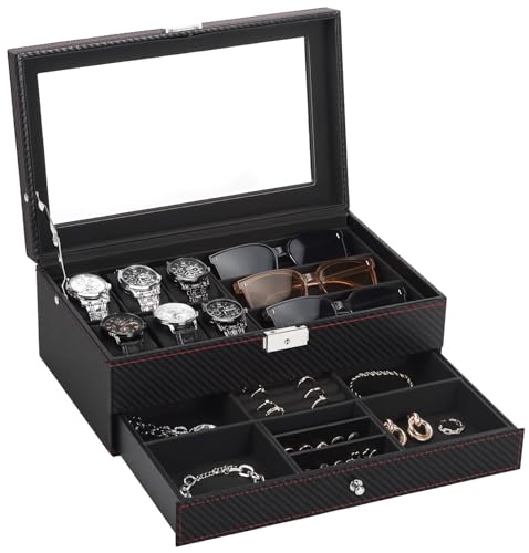 Uhrenbox, Herren-Schmuckschatulle aus Leder mit 6 Schlitzen und 3 Schlitzen, Sonnenbrillen-Organizer, 2 Ebenen, abschließbarer Uhrenhalter, Organizer mit Glasdeckel für Ohrringe, Ringe, Armbänder, Uhrenbox, Herren-Schmuckschatulle aus Leder mit 6 Schlitzen und 3 Schlitzen, Sonnenbrillen-Organizer, 2 Ebenen, abschließbarer Uhrenhalter, Organizer mit Glasdeckel für Ohrringe, Ringe, Armbänder, von boailydi