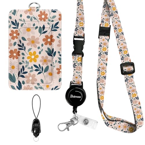 bolimoss Süßes Lehrer-Schlüsselband mit Ausweishalter, florales Lederband für Ausweise, Breakaway-Umhängebänder mit einziehbaren Ausweisrollen, Schnellverschluss-Schnallen und verstellbaren Riemen für von bolimoss