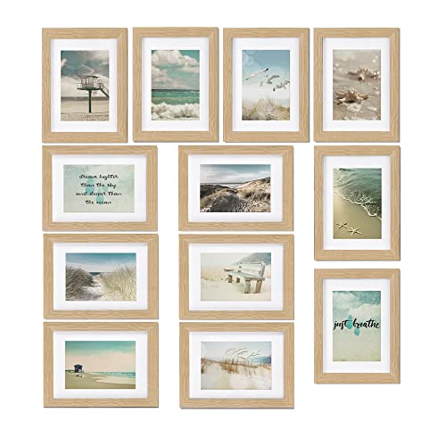 bomoe 12er Bilderrahmen Set Ocean – Fotorahmen Collage für 13x18 cm Bilder Holzbilderrahmen mit Passepartout - Bilder Collage Fotorahmen aus Holz & Kunststoffglas - Fotowand Bilder Set Eiche von bomoe