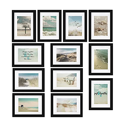 bomoe 12er Bilderrahmen Set Ocean – Fotorahmen Collage für 13x18 cm Bilder Holzbilderrahmen mit Passepartout - Bilder Collage Fotorahmen aus Holz & Kunststoffglas - Fotowand Bilder Set Schwarz von bomoe