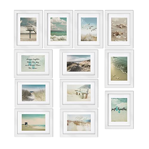 bomoe 12er Bilderrahmen Set Ocean – Fotorahmen Collage für 13x18 cm Bilder Holzbilderrahmen mit Passepartout - Bilder Collage Fotorahmen aus Holz & Kunststoffglas - Fotowand Bilder Set Weiß von bomoe