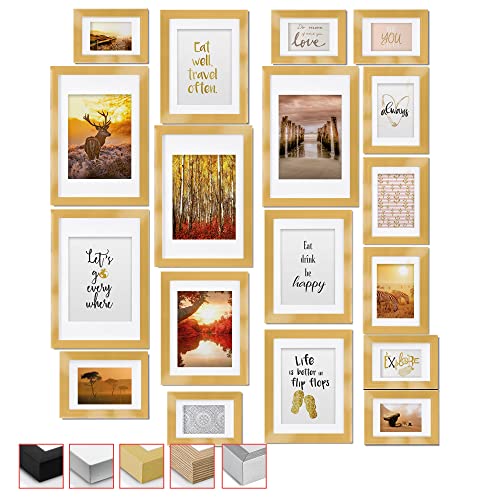 bomoe 18er Bilderrahmen Set – 6x 10x15 cm, 4x 13x18 cm, 4x 18x24 cm, 4x 20x30 cm Fotowand Bilder Set Holz & Kunststoffglas Holzbilderrahmen mit Passepartout Gold von bomoe