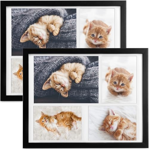 bomoe 2x Bilderrahmen 10x15 cm & 15x21 cm Schwarz – Fotorahmen Collage Holz für 4 Fotos, Kunststoffglas, Metall-Aufhängung & Passepartout Multirahmen für Bilderrahmen Set – Picture Photo Frame Galeria von bomoe