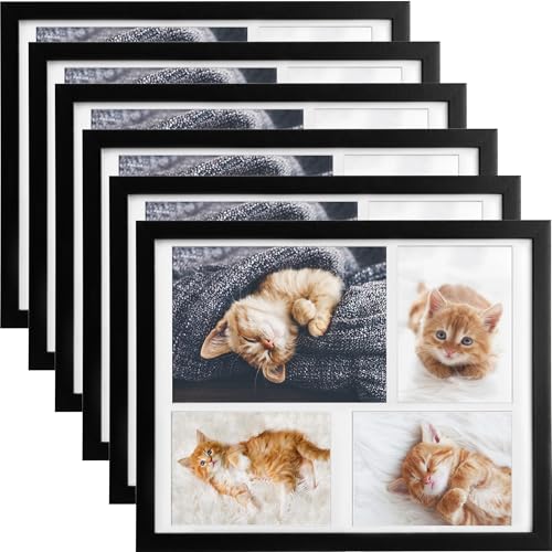 bomoe 6x Bilderrahmen 10x15 cm & 15x21 cm Schwarz – Fotorahmen Collage Holz für 4 Fotos, Kunststoffglas, Metall-Aufhängung & Passepartout Multirahmen für Bilderrahmen Set – Picture Photo Frame Galeria von bomoe