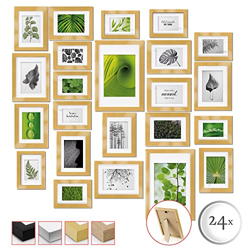 bomoe Bilderrahmen 24er Set – Fotowand Collage Fotorahmen Holzbilderrahmen mit Passepartout - 10x 10,5x15cm / 8x 13x18cm / 4x 15x20cm / 2x 20x30cm Collage Fotorahmen Holz & Kunststoff Gold - Nature bomoe Bilderrahmen 24er Set – Fotowand Collage Fotorahmen Holzbilderrahmen mit Passepartout - 10x 10,5x15cm / 8x 13x18cm / 4x 15x20cm / 2x 20x30cm Collage Fotorahmen Holz & Kunststoff Gold - Nature von bomoe