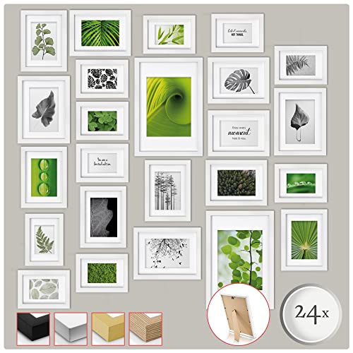 bomoe 24er Bilderrahmen Set Nature – 10x 10x15 cm, 8X 13x18 cm, 4X 15x20 cm, 2X 20x30 cm Fotorahmen Collage Bilderrahmen mit Passepartout - Bilder Rahmen aus Holz & Kunststoff Fotowand Weiß von bomoe