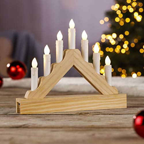 Schwibbogen aus Holz - Lichterbogen für Weihnachten mit 7 warm-weißen LED Kerzen, batteriebetrieben von bonsport