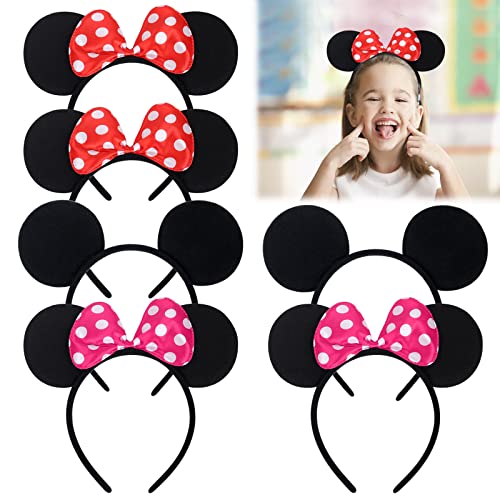 boogift 6 pcs Mouse Ears Stirnbänder Maus Ohren mit roter Schleife und weißen Punkten & Maus Ohren in schwarz für Geburtstag Baby Shower Halloween Christmas Mickey Party von boogift