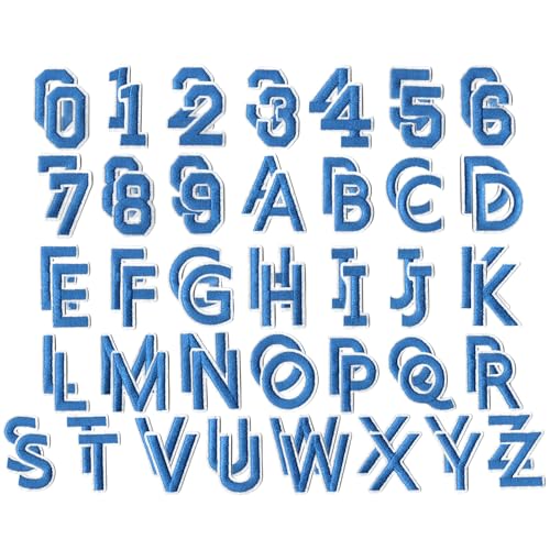 Aufnäher zum Aufbügeln, Buchstaben und Zahlen, bestickter Stoff, Alphabet A-Z und 0–9, bunte Nähapplikationen für Kleidung, Hüte, Jeans, 72 Stück (blau) von bositigo
