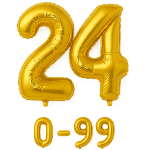 Luftballon 24 Gold | 80 cm Zahlenballon | Folienballon mit Luftröhrchen | Zahlenluftballon für Geburtstag, Jubiläum, Hochzeit, Party & Events | Helium oder Luft | Ballon Zahl | Geburtstagsdeko von brand promotion