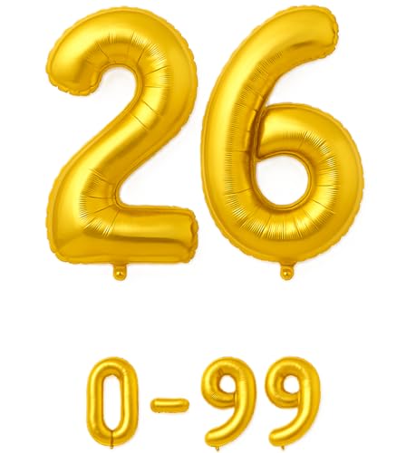 Luftballon 26 Gold | 80 cm Zahlenballon | Folienballon mit Luftröhrchen | Zahlenluftballon für Geburtstag, Jubiläum, Hochzeit, Party & Events | Helium oder Luft | Ballon Zahl | Geburtstagsdeko von brand promotion