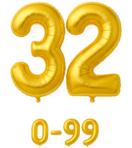 Luftballon 32 Gold | 80 cm Zahlenballon | Folienballon mit Luftröhrchen | Zahlenluftballon für Geburtstag, Jubiläum, Hochzeit, Party & Events | Helium oder Luft | Ballon Zahl | Geburtstagsdeko von brand promotion