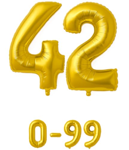 Luftballon 42 Gold | 80 cm Zahlenballon | Folienballon mit Luftröhrchen | Zahlenluftballon für Geburtstag, Jubiläum, Hochzeit, Party & Events | Helium oder Luft | Ballon Zahl | Geburtstagsdeko von brand promotion